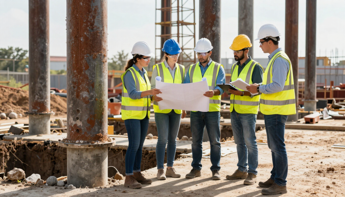 Un equipo de construcción con cascos revisa los planos en una obra al aire libre.