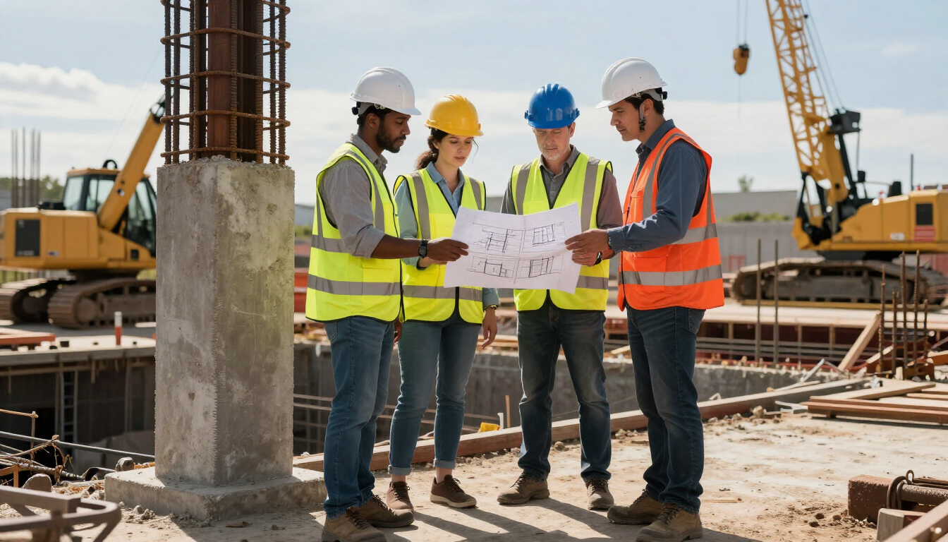 Obreros de la construcción con cascos revisan planos en una obra en construcción.