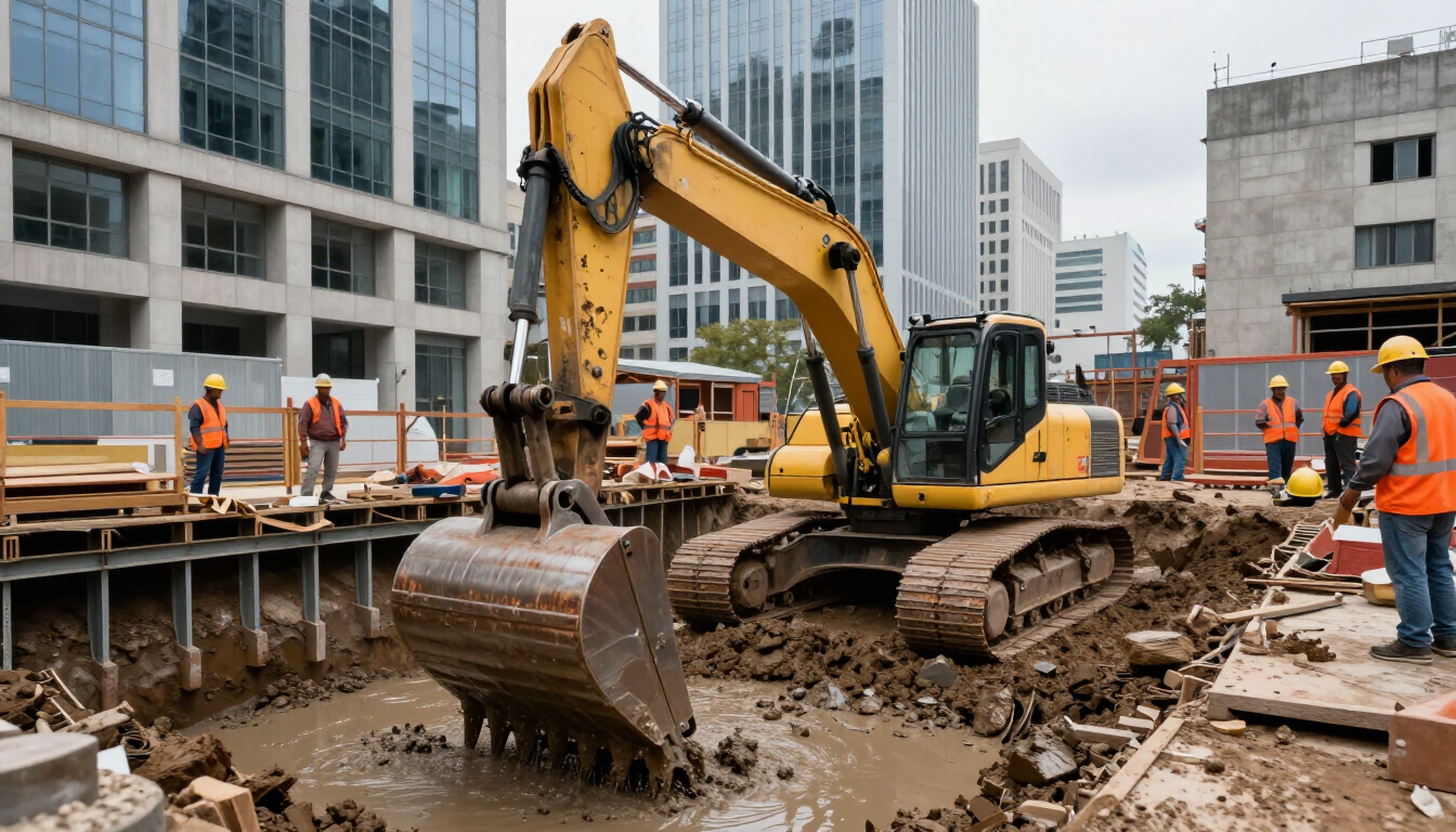 Una excavadora amarilla está removiendo lodo en una concurrida obra urbana, con trabajadores y edificios de hormigón cerca.