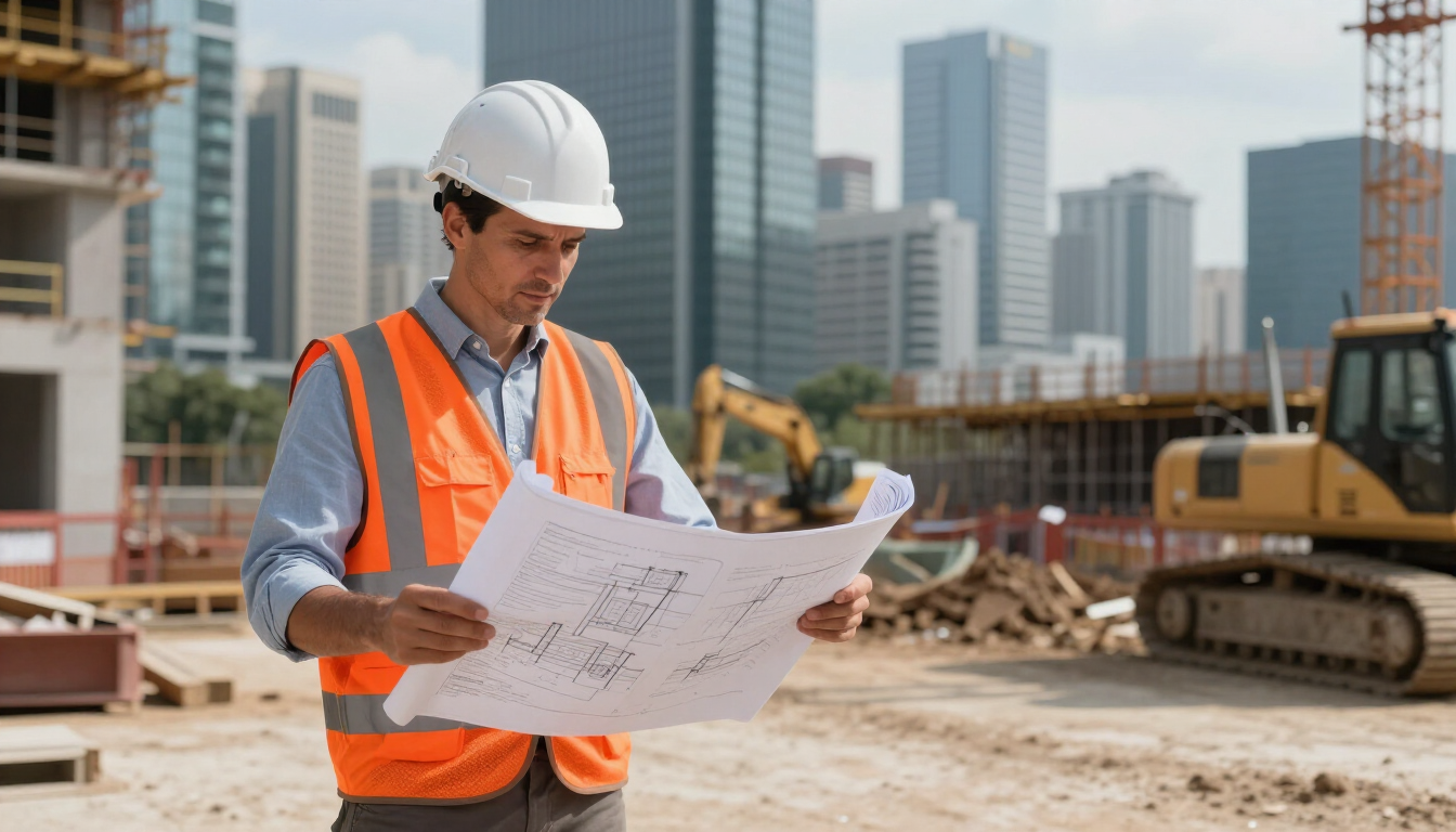 Obrero de la construcción con chaleco naranja y casco revisando planos en una obra con excavadoras y torres de vigilancia.