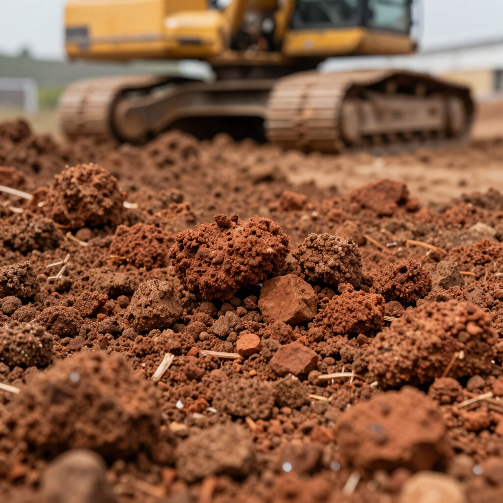 Montículo de tierra roja en primer plano con una excavadora borrosa en una obra de construcción.