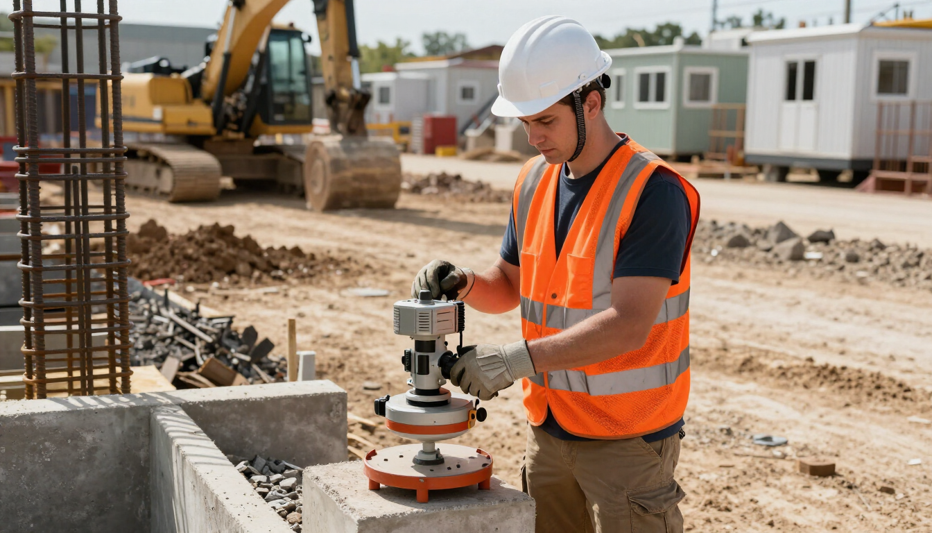 Obrero de la construcción con casco y chaleco de seguridad utilizando un instrumento de topografía en una obra.