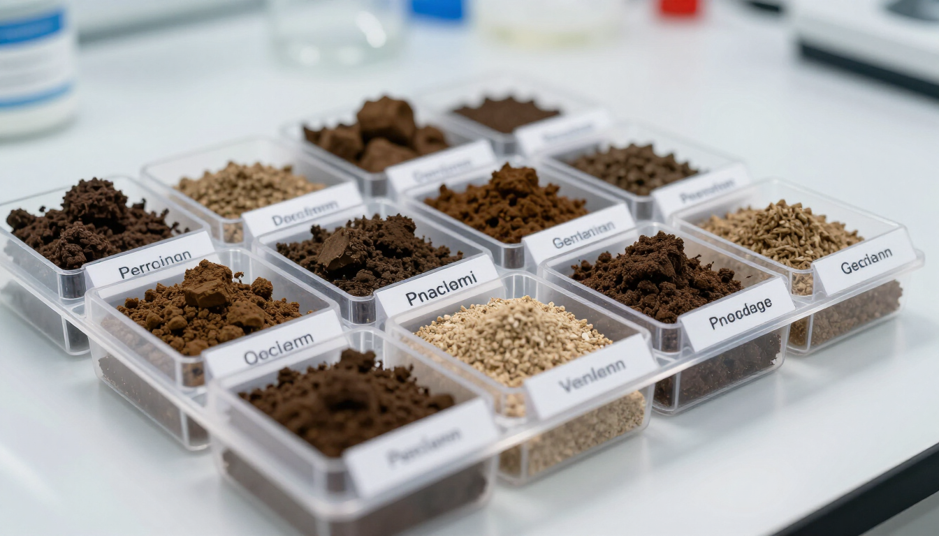 Pequeñas bandejas etiquetadas con muestras de suelo variadas sobre una mesa de laboratorio blanca, con una planta borrosa al fondo.