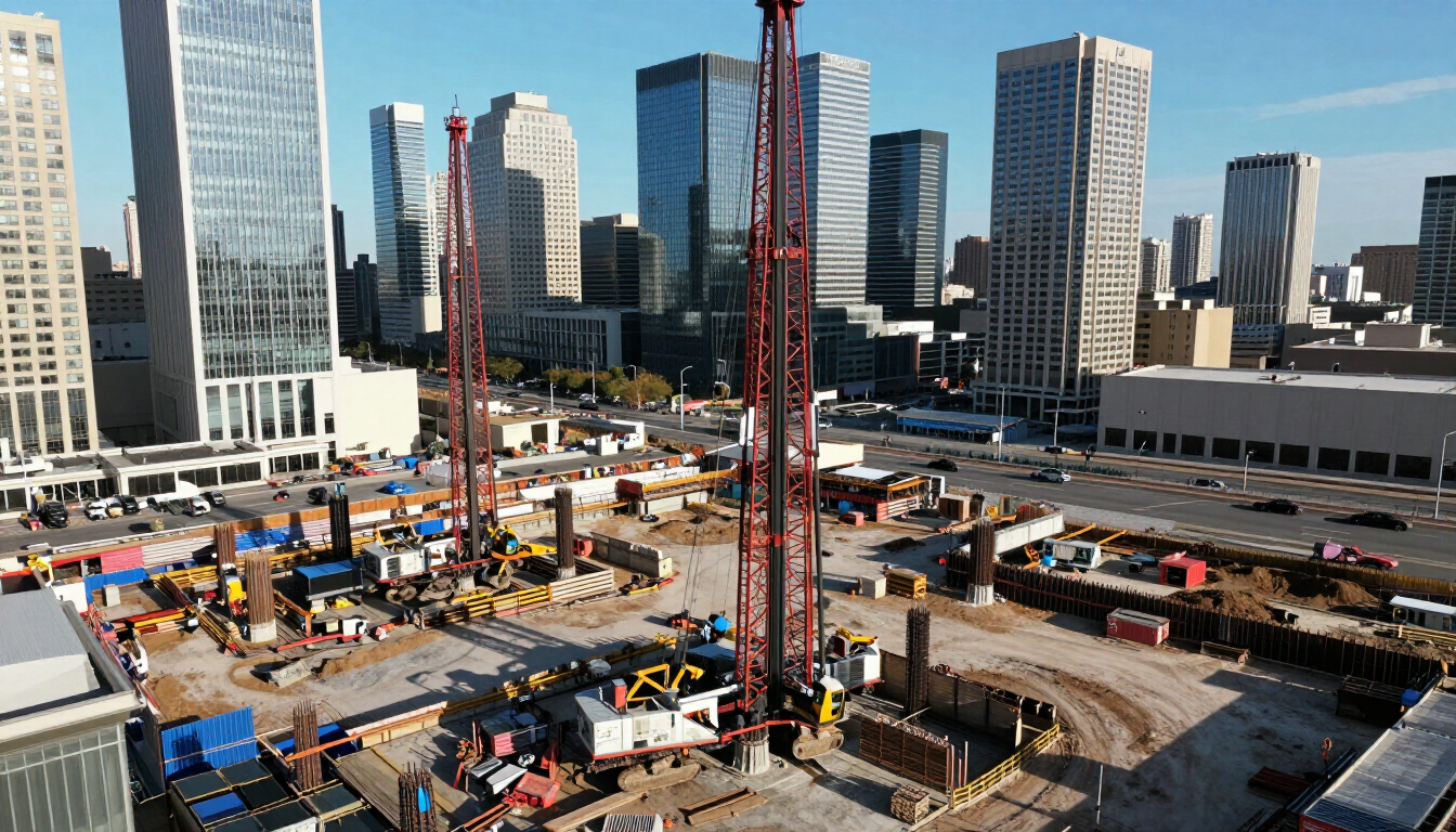 Obra en construcción con una alta plataforma de perforación roja en medio de rascacielos de oficinas en el horizonte de la ciudad.