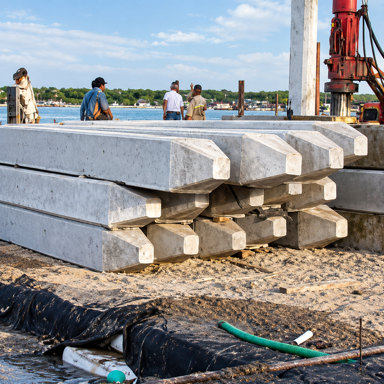 Obra en construcción con una grúa sobre orugas amarilla que levanta postes de acero junto a trabajadores con chalecos de seguridad y cascos.