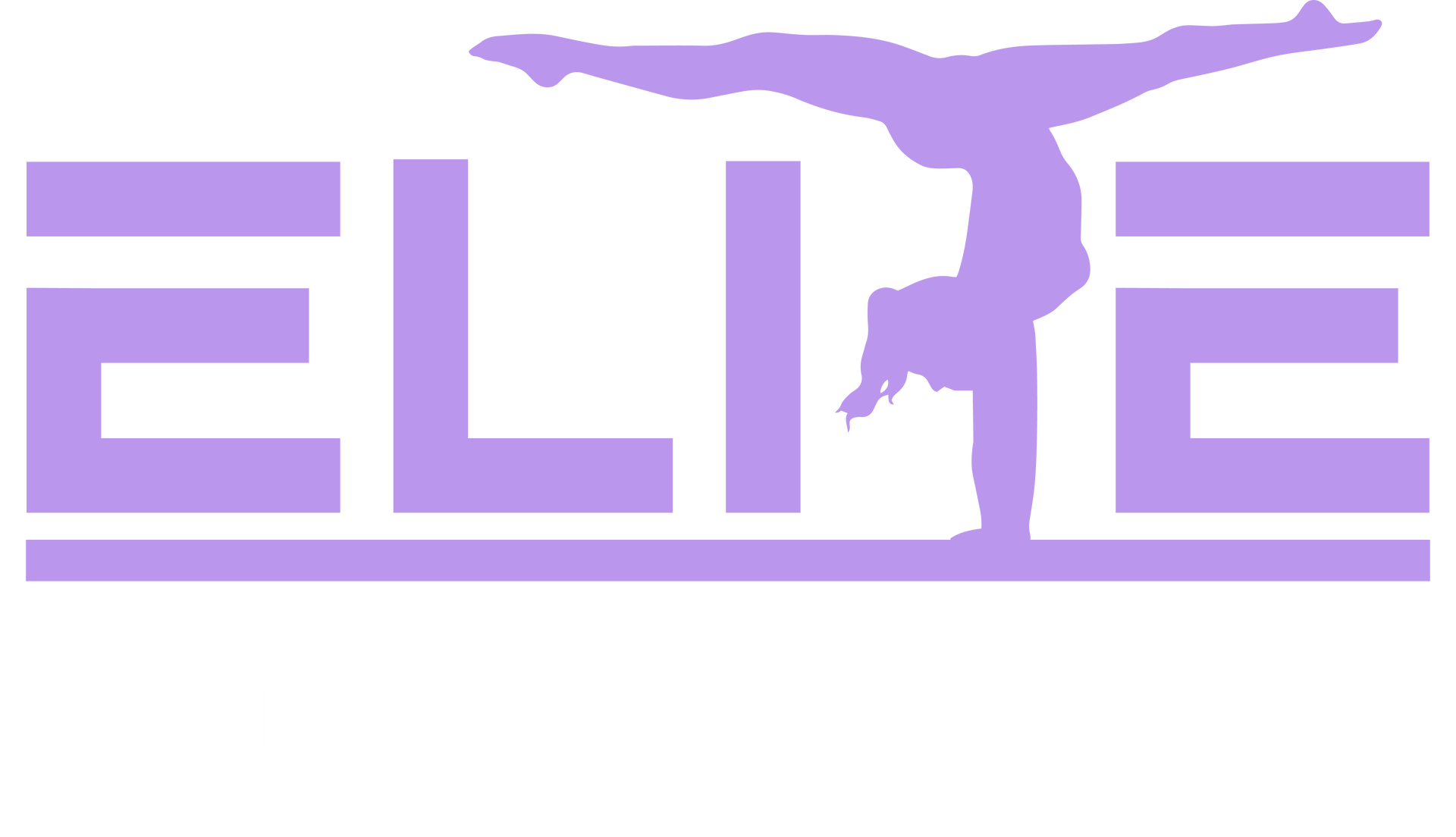 Purple ELITE logo with a gymnast silhouette balancing upside down across the letters