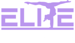 Purple ELITE logo with a gymnast silhouette balancing upside down across the letters