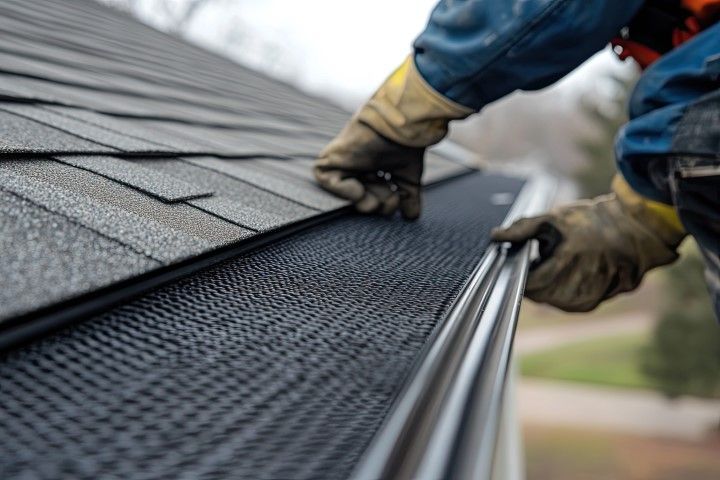 Worker installing roof shingles near a gutter, wearing gloves and blue jeans