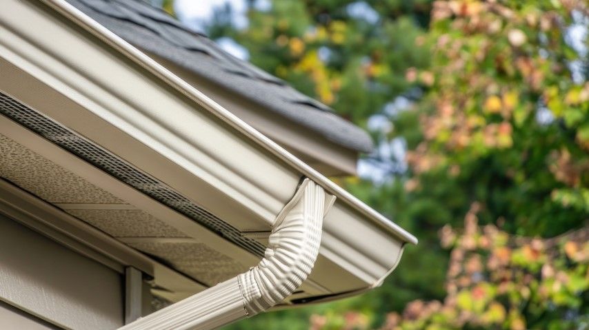 White gutter and downspout on a house roof with green trees in the background