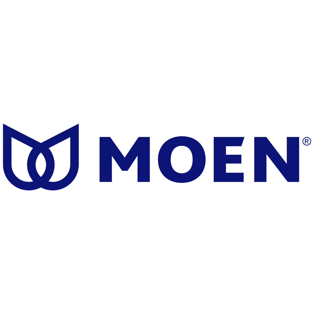 A blue moen logo on a white background.