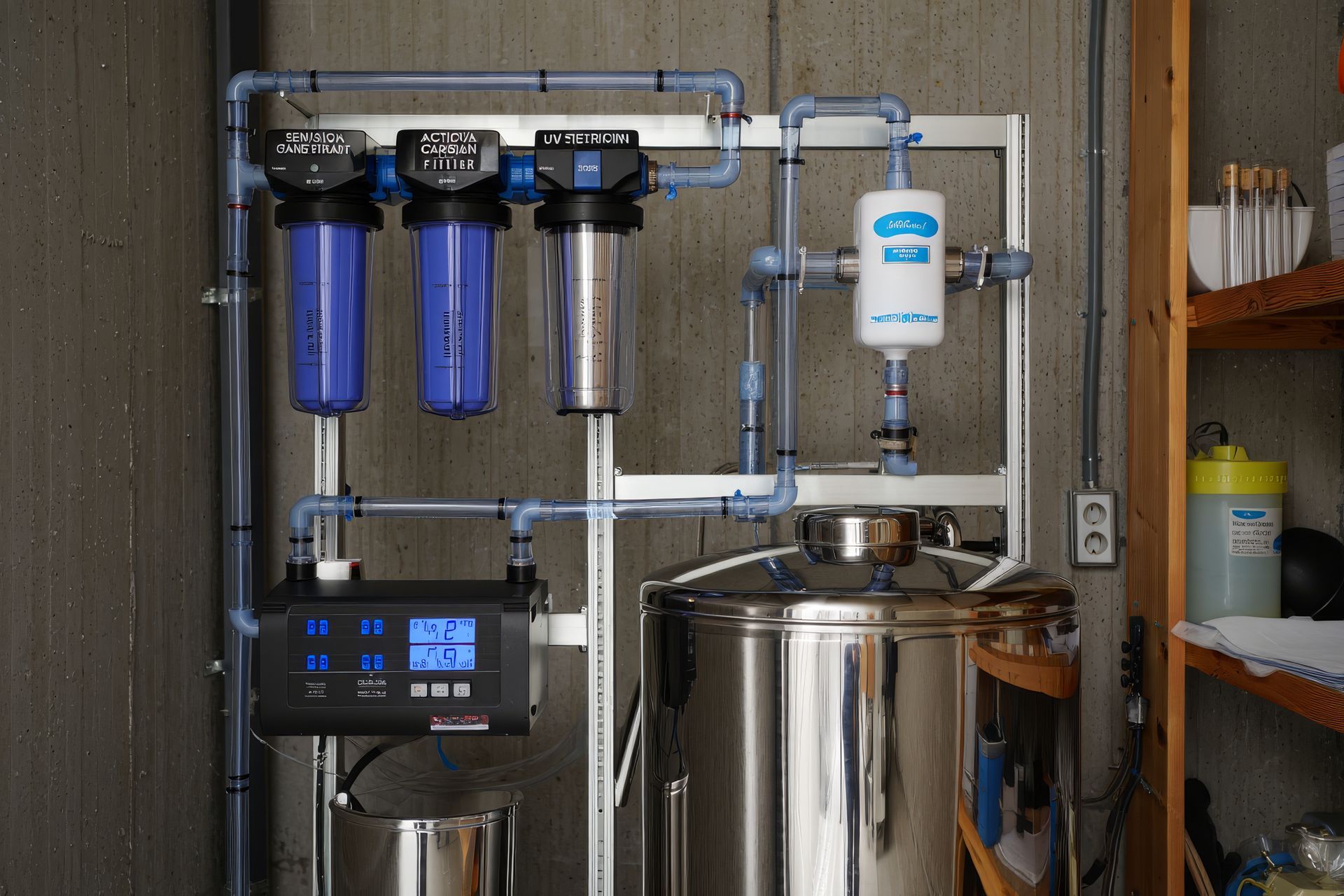 A water filtration system with blue and clear housings, a digital control panel, and a large stainless steel storage tank.