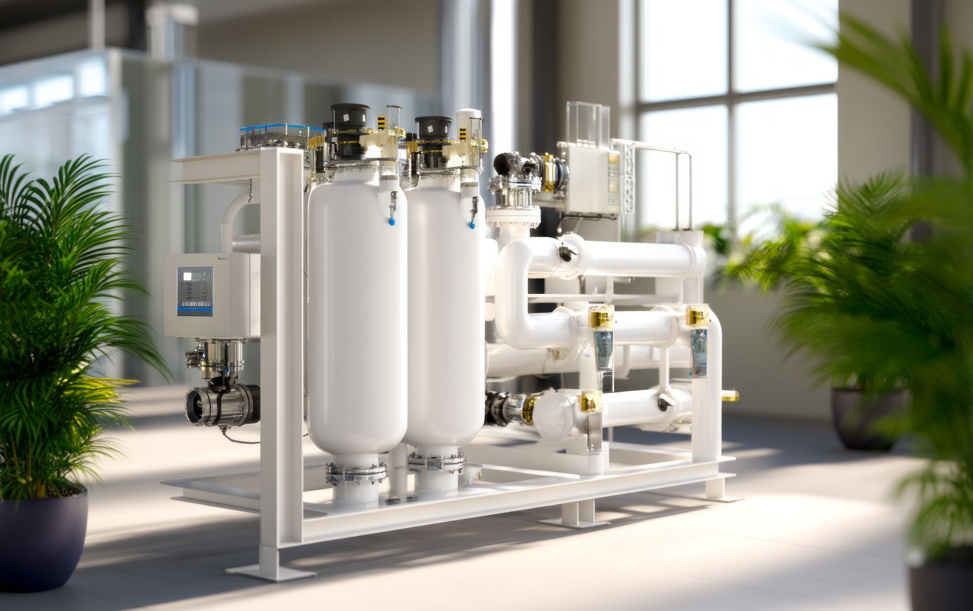 Industrial water filtration system with white tanks and pipes in a bright modern room