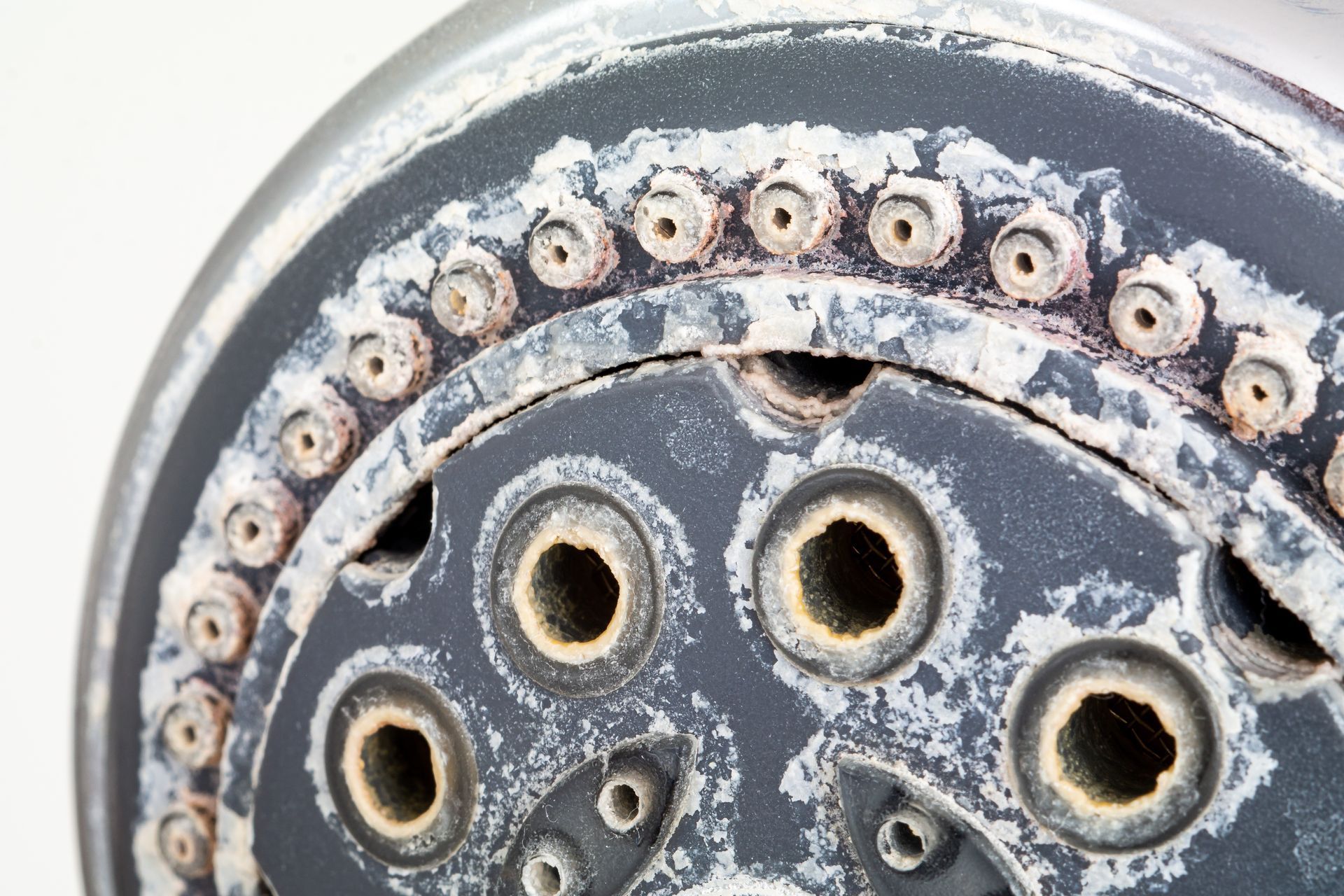 Close-up of a shower head covered in white mineral buildup and deposits. Close-up of a shower head covered in white mineral buildup and deposits.