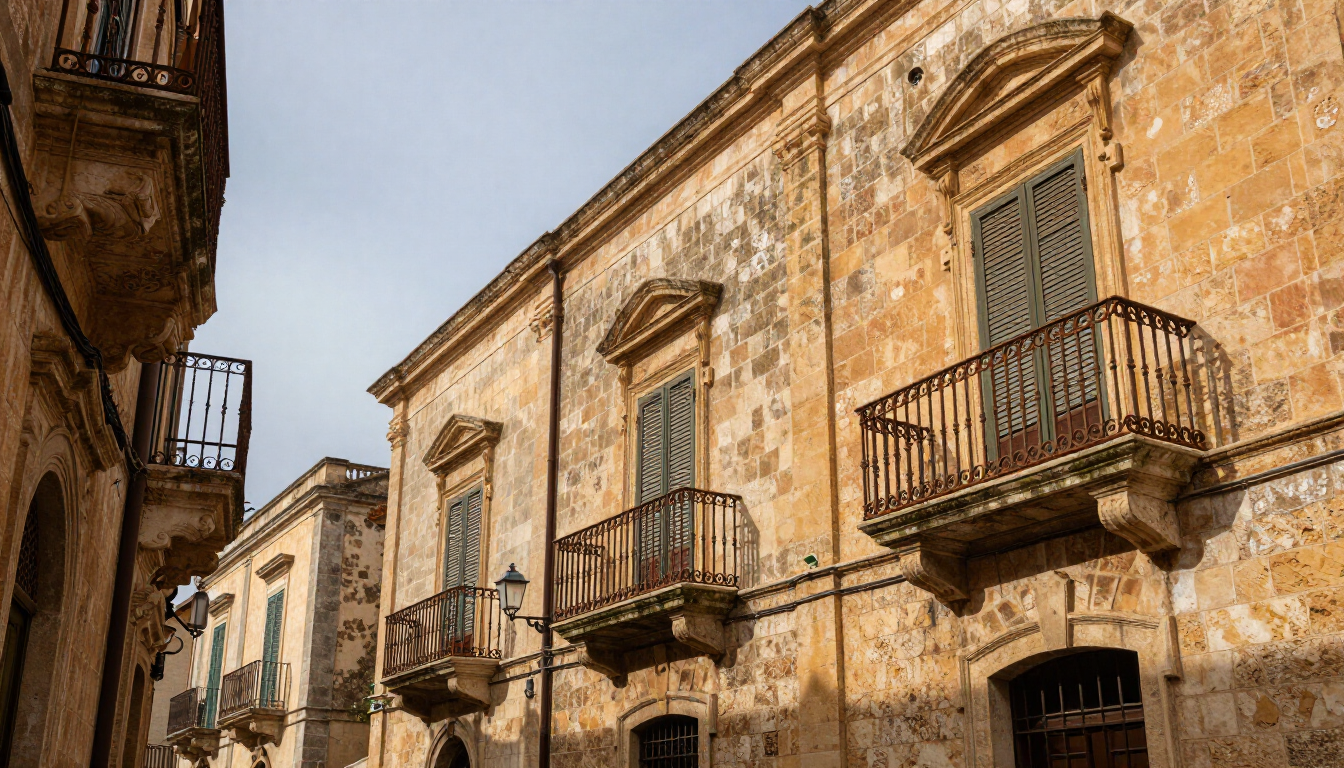 Sunlit old stone buildings with wrought-iron balconies along a narrow street