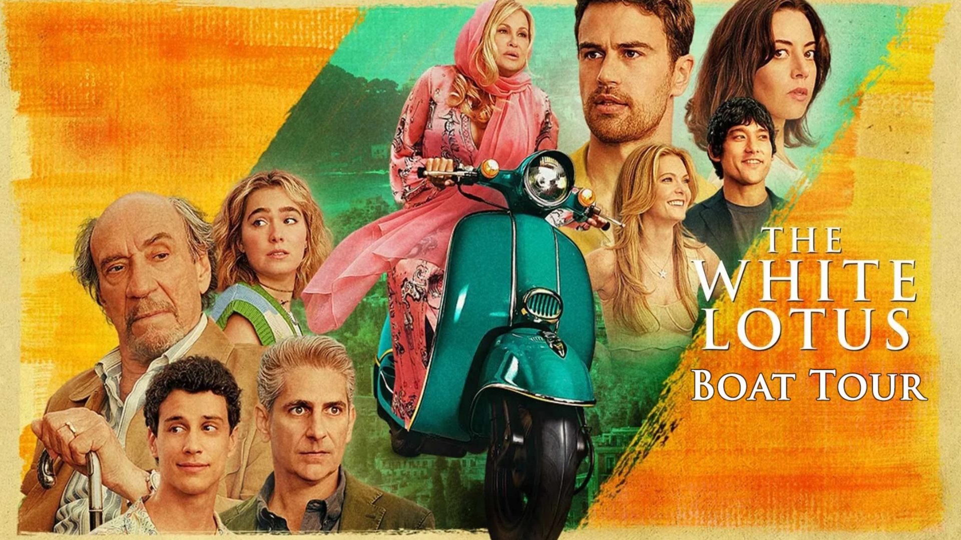 The White Lotus Boat Tour poster with a teal scooter and cast against an orange background