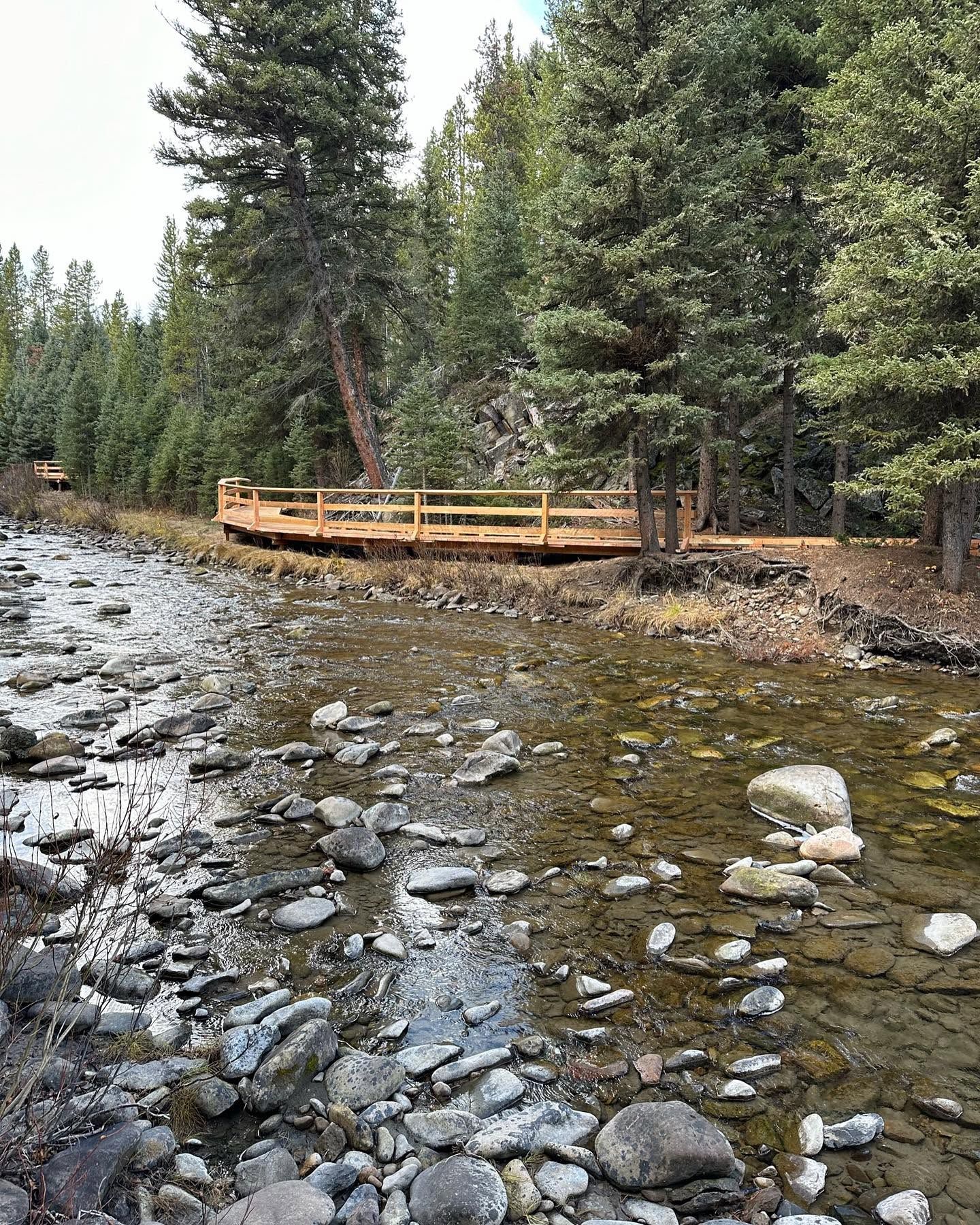 Wooden boardwalk along a rocky creek in a pine forest.