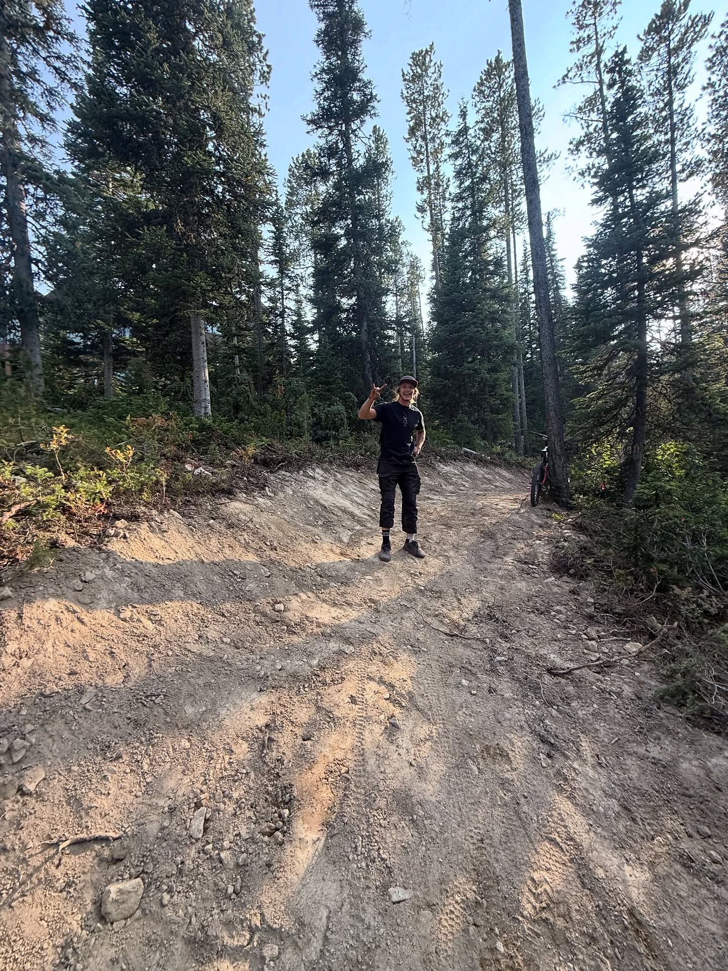 Person standing on a dirt trail in a forest of tall pine trees.