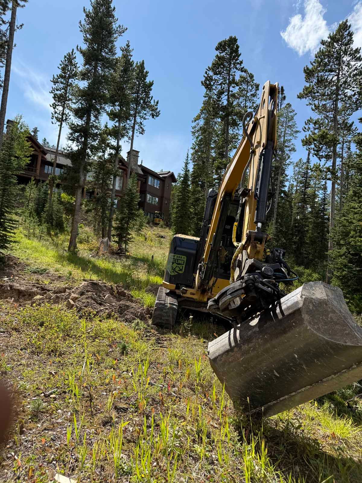 Yellow excavator clearing brush on a steep, grassy hillside among tall pine trees and cabins