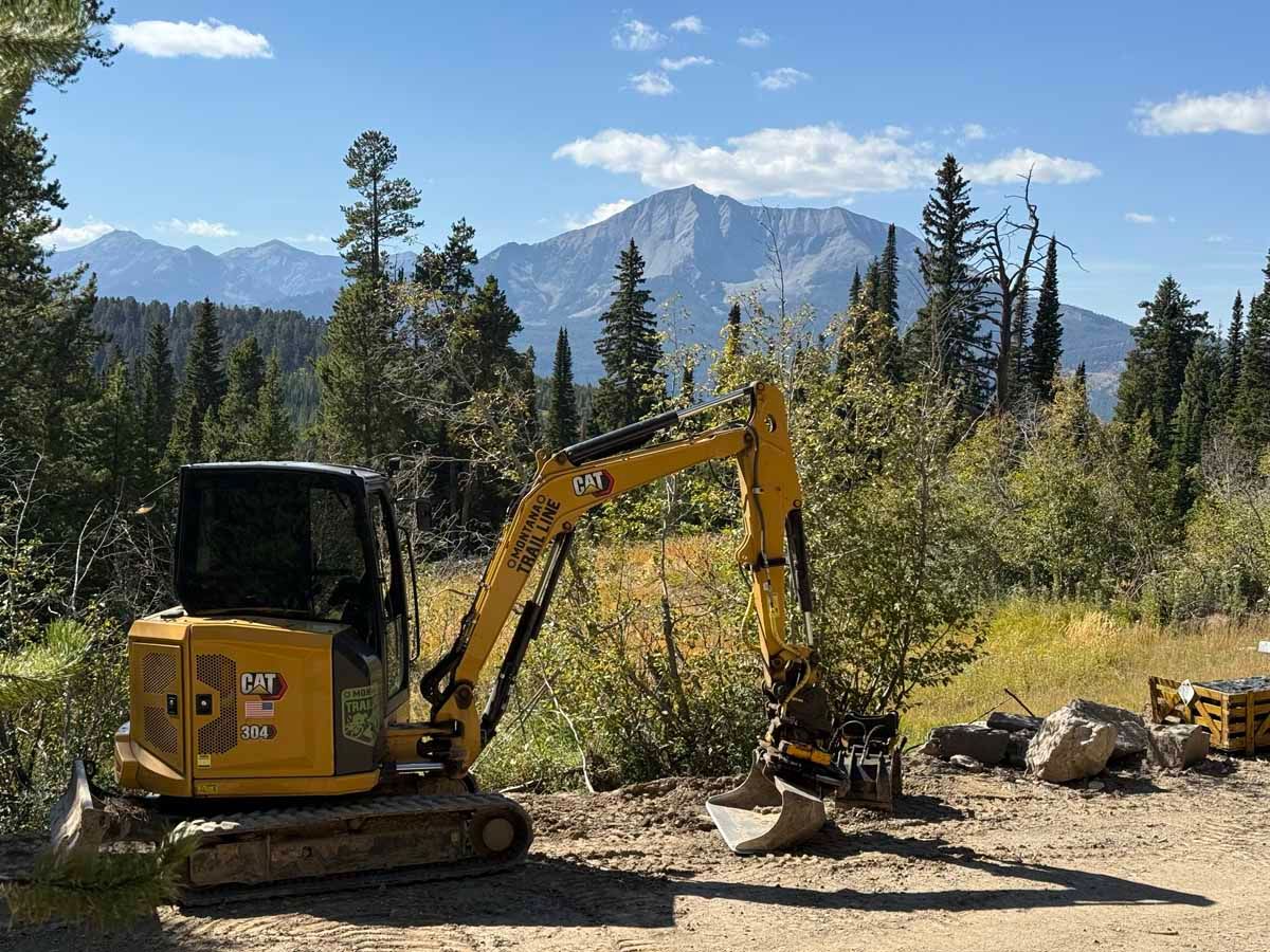 Yellow excavator working on a dirt road in a forest with mountains in the background