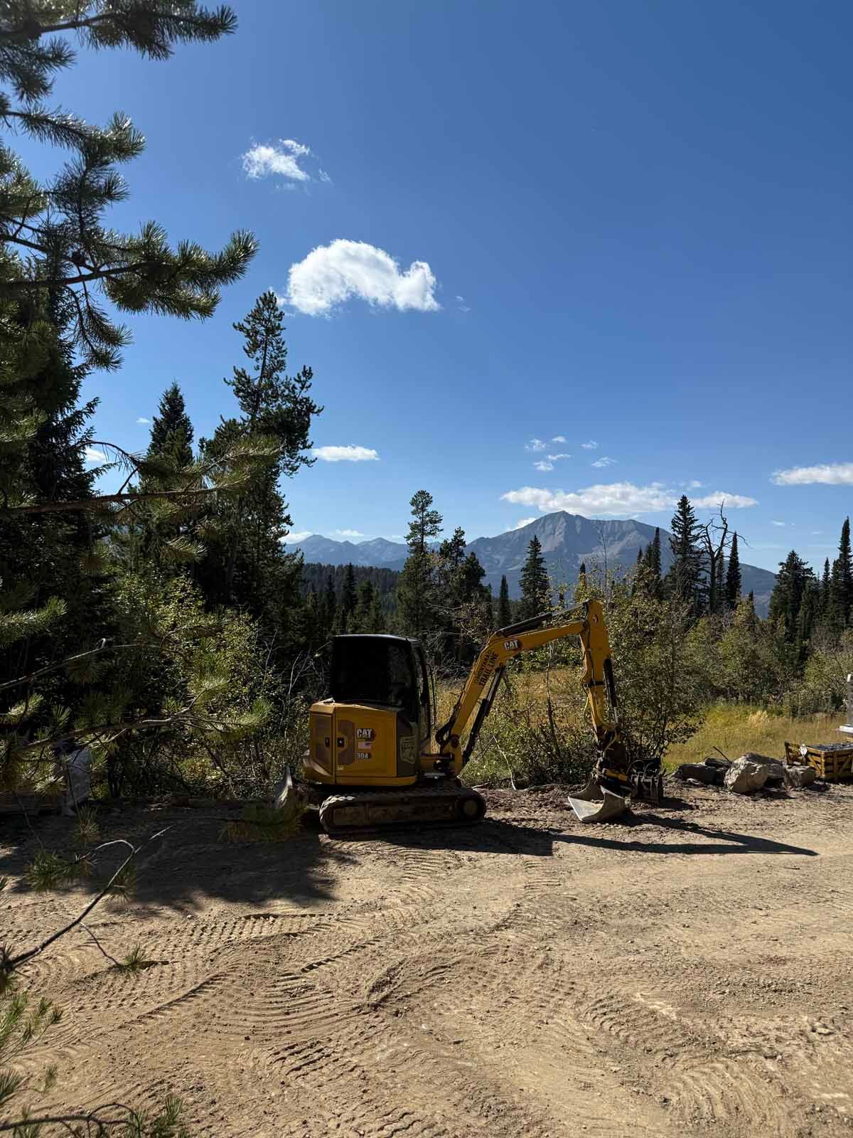 Yellow excavator on a dirt road in a pine forest with mountains and blue sky in the background