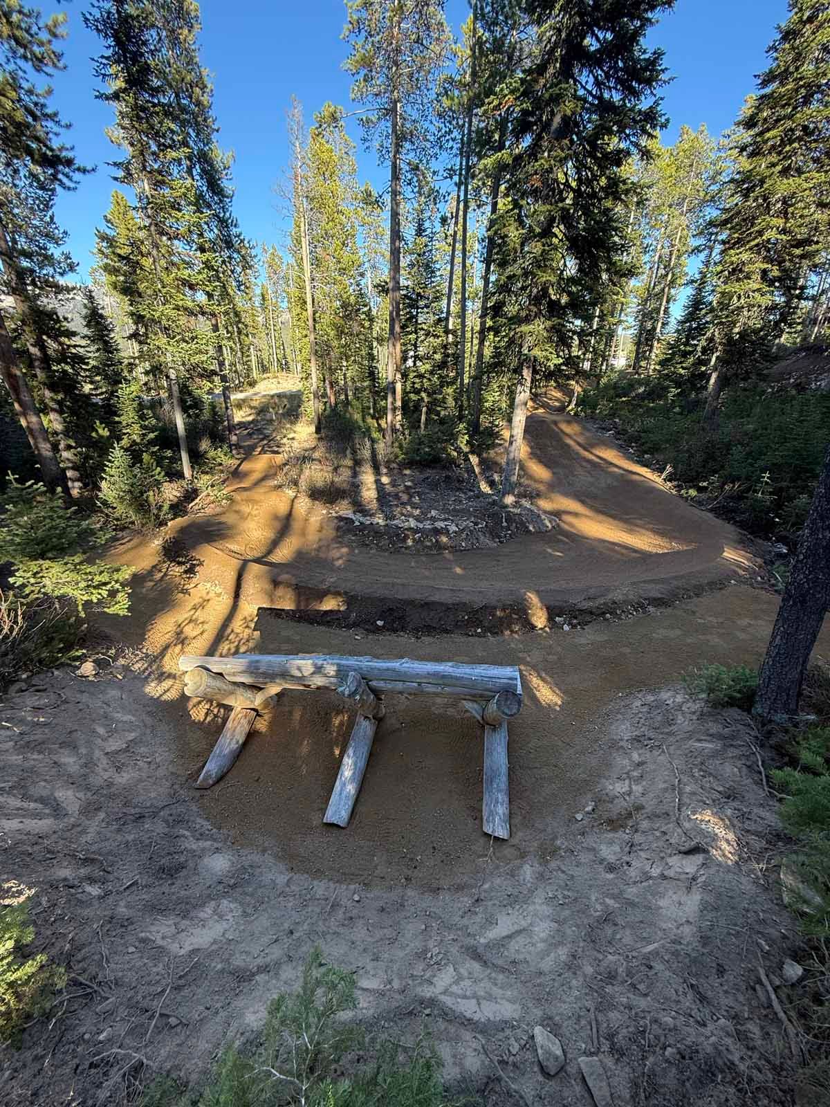 Dirt bike jump on a forest trail, with a wooden ramp and tall pine trees in bright sunlight
