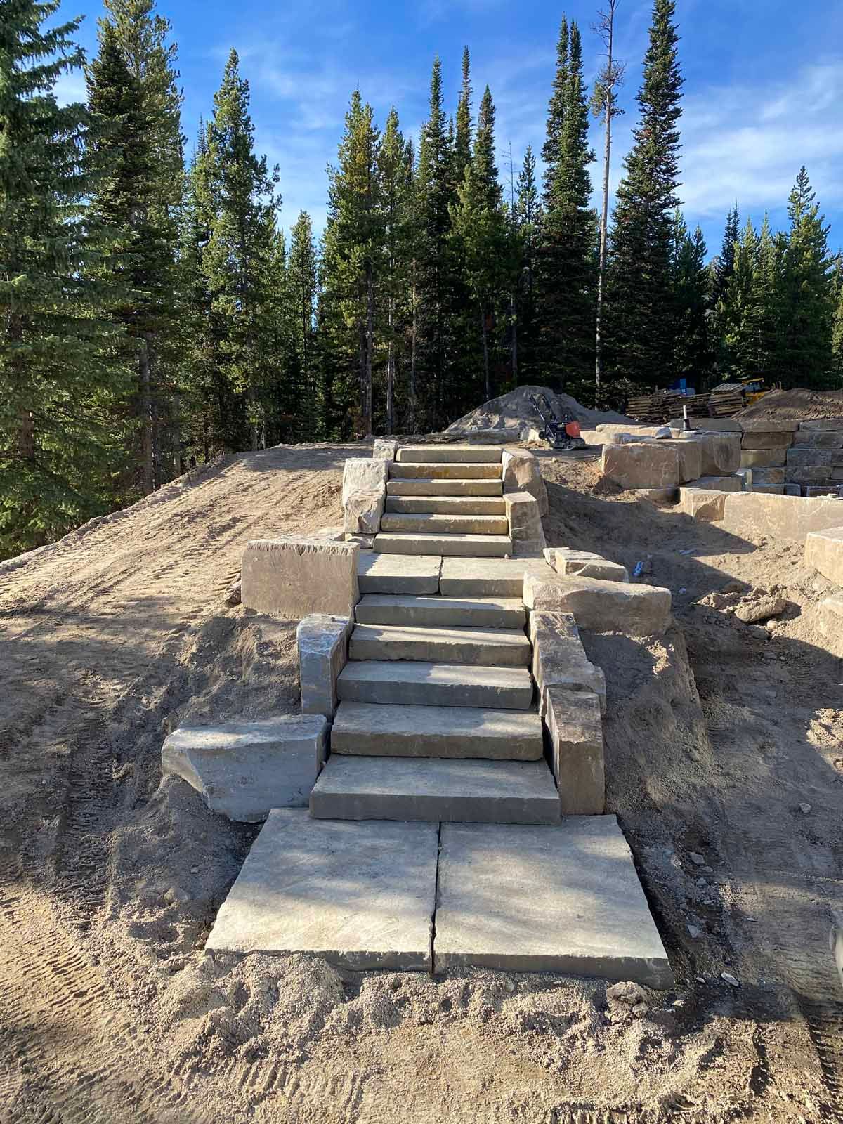 Stone steps leading up a dirt slope in a wooded area with tall evergreen trees.