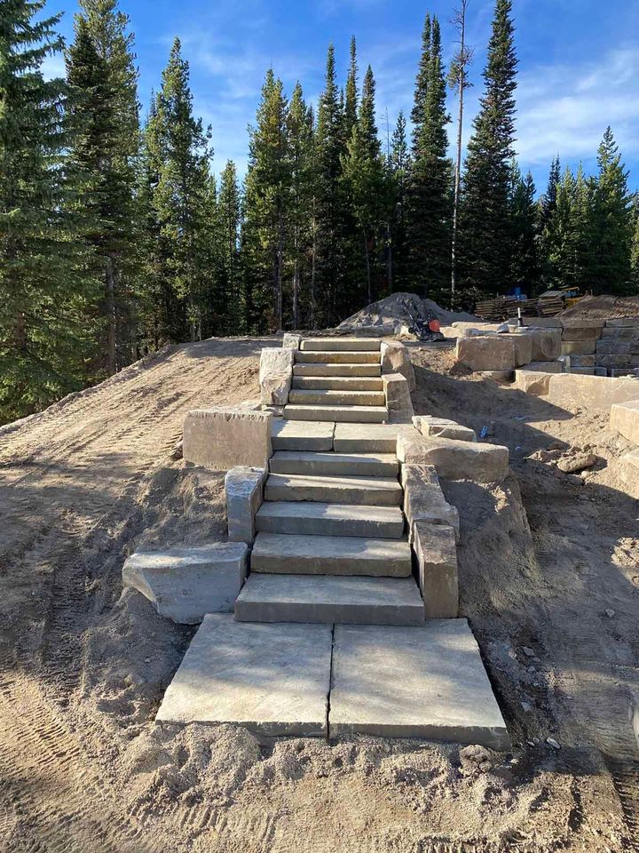 Stone steps leading up a dirt slope in a wooded area with tall evergreen trees.