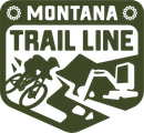 Montana Trail Line sign with biker, dirt path, and excavator in green and white