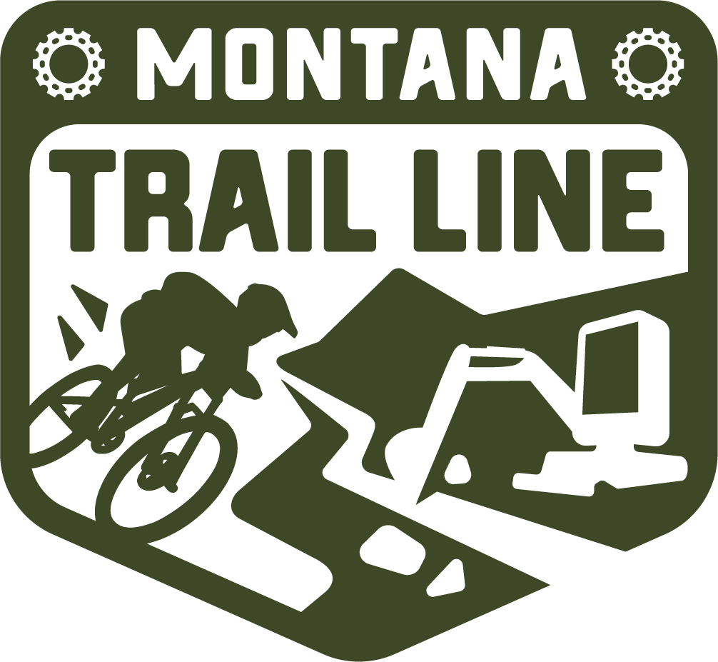 Montana Trail Line sign with biker, dirt path, and excavator in green and white