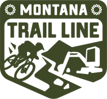 Montana Trail Line sign with biker, dirt path, and excavator in green and white