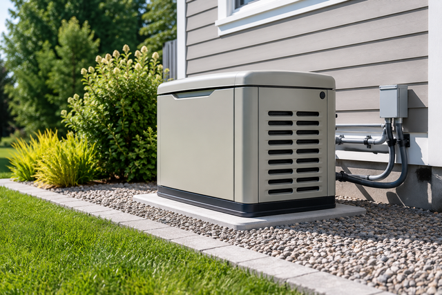 Outdoor backup generator beside a house, with gray siding and green lawn.
