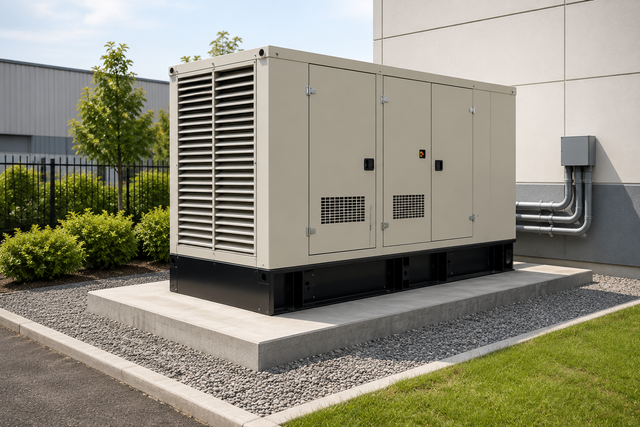 Large beige industrial generator on a concrete pad beside a building, with shrubs and grass nearby