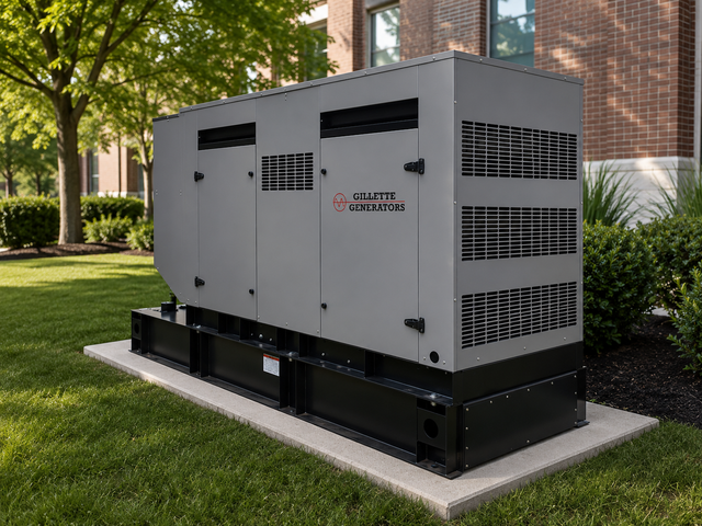 Large gray industrial generator on a concrete pad beside a brick building and lawn