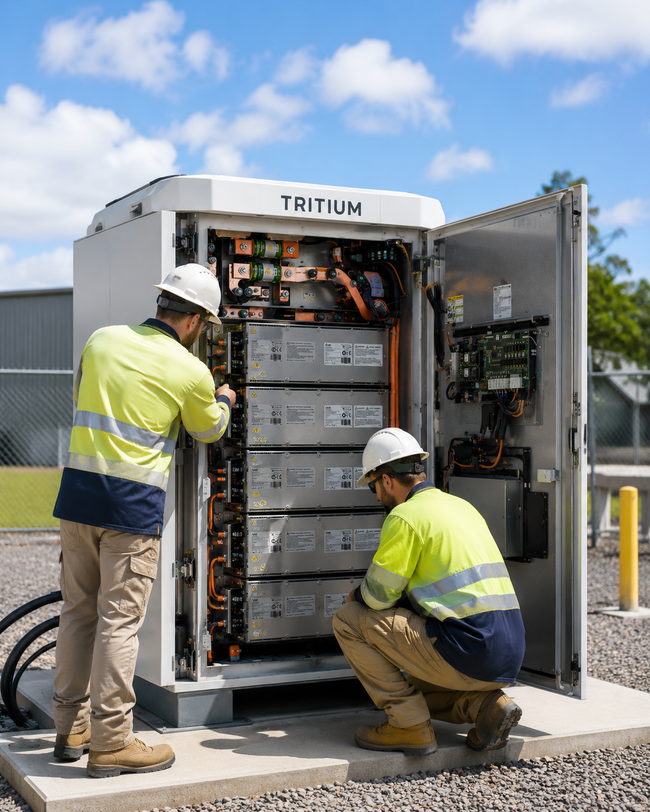 Two utility workers inspect an open electrical cabinet outdoors on a sunny day.