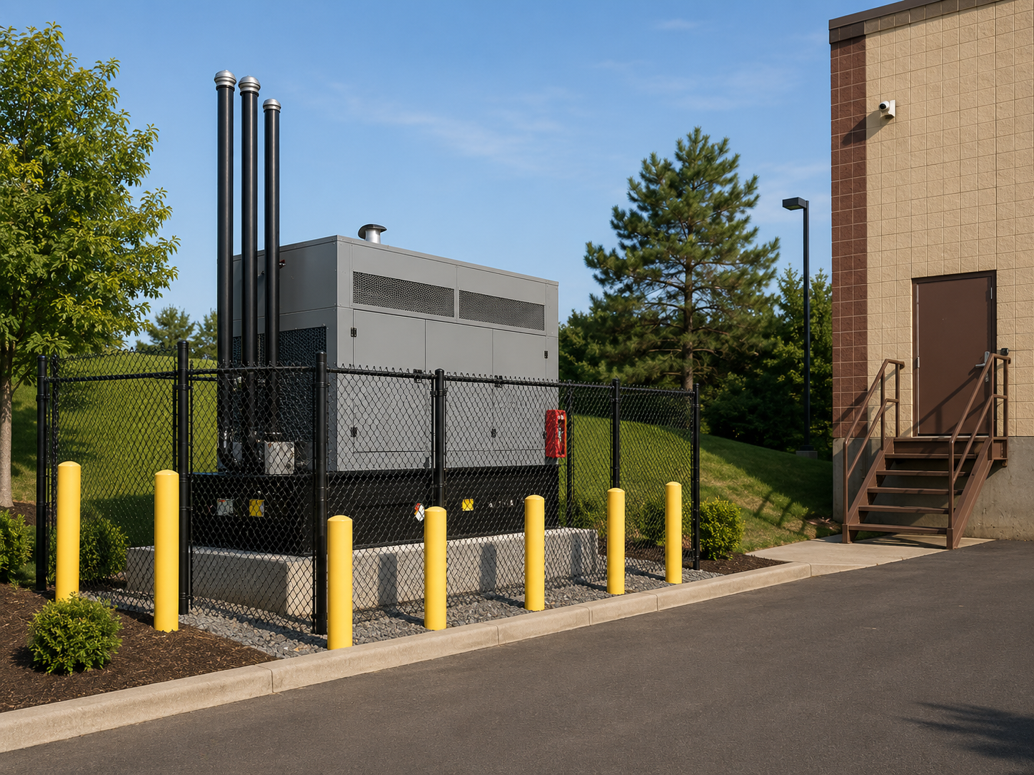 Outdoor utility equipment behind a chain-link fence with yellow bollards beside a building.