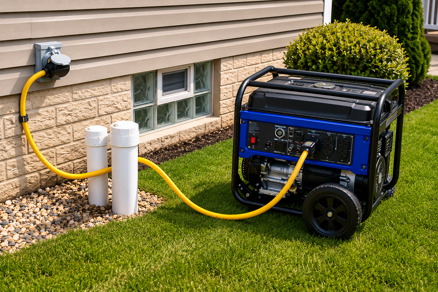 Portable generator connected to a house through yellow hoses, with two white filter canisters on the lawn.