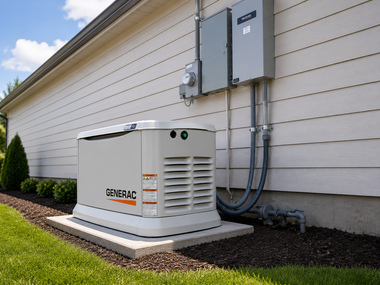 Outdoor generator beside a house with electrical panels and conduit on the exterior wall