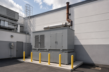 Industrial generator unit beside a building, with yellow bollards and a cloudy sky.