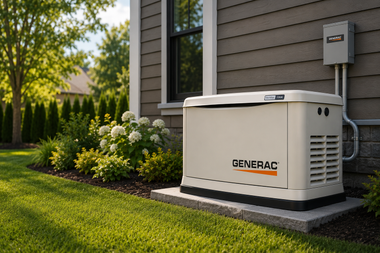 White Generac standby generator beside a house, on a lawn near shrubs and a window.
