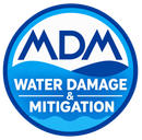 MDM Water Damage & Mitigation blue circular logo with white text