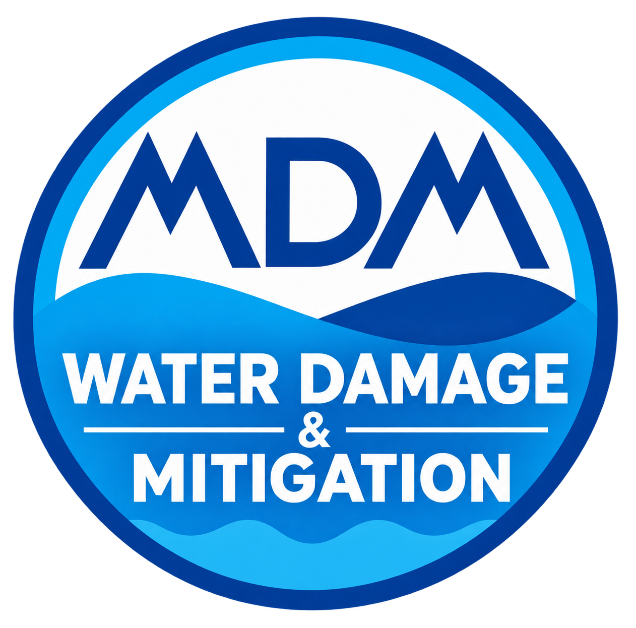 MDM Water Damage & Mitigation blue circular logo with white text
