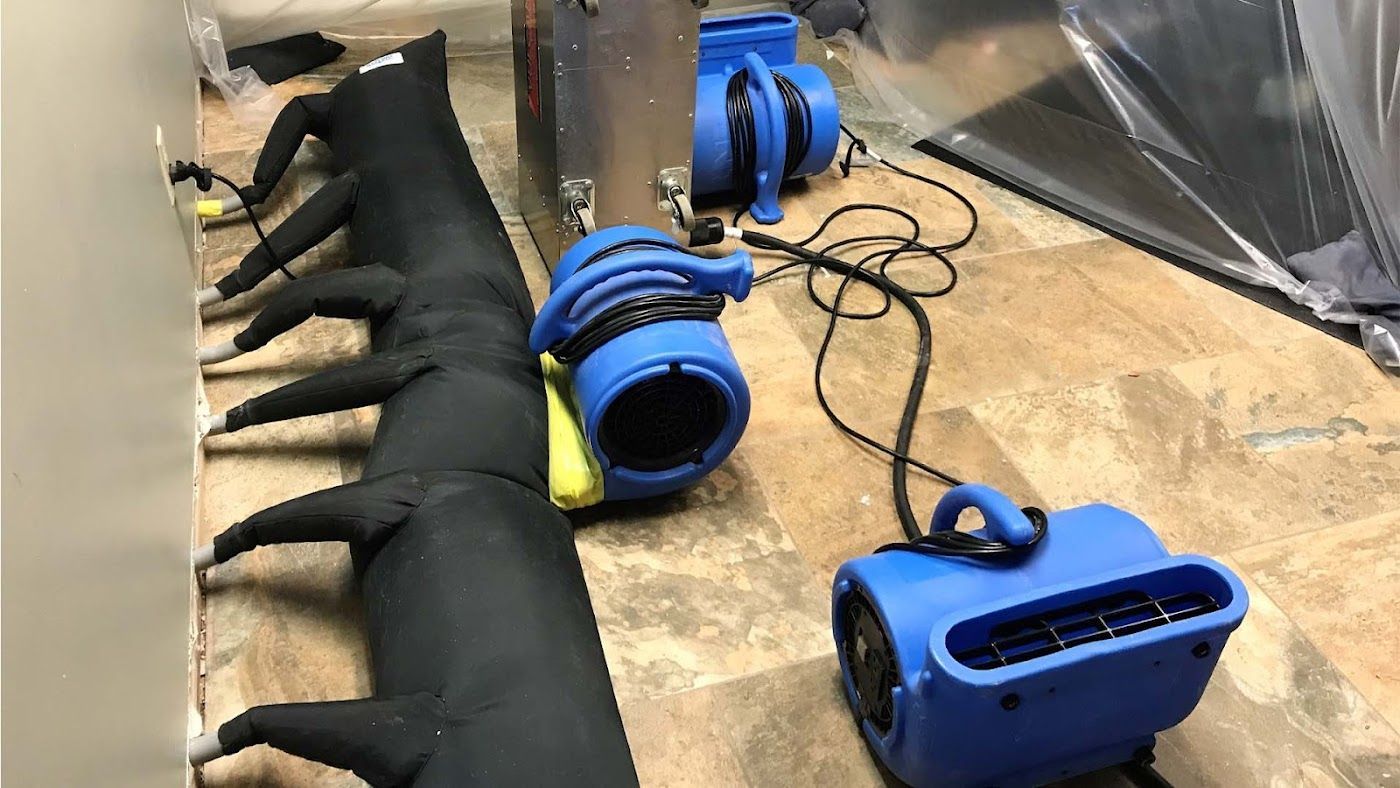 Dehumidification equipment on a floor. Includes a black air mover and two blue fans.