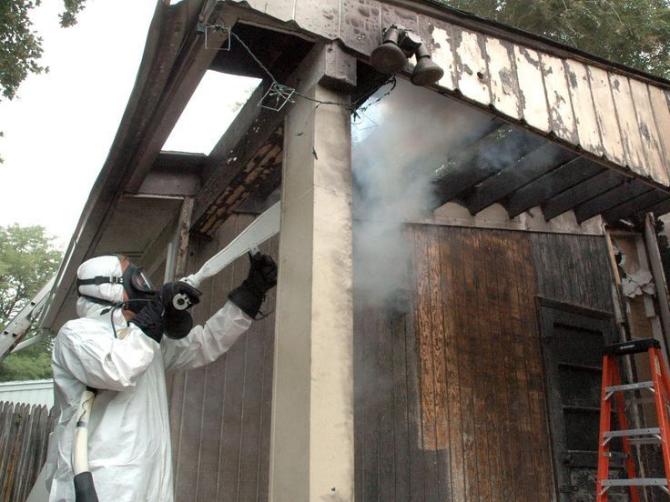 Person in hazmat suit spraying a building. Smoke and a ladder are visible.