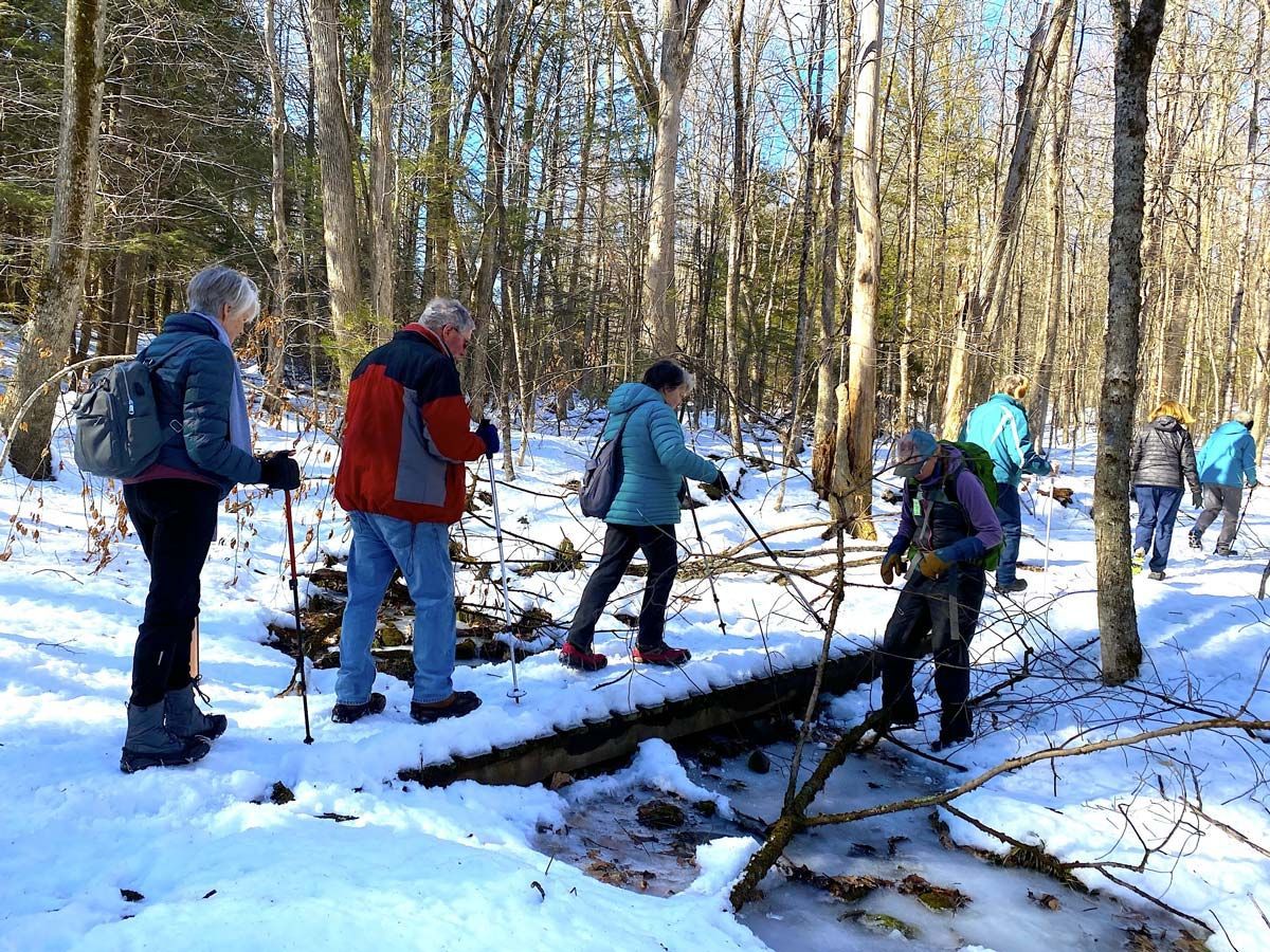 A group of hikers cross a snow-covered bridge