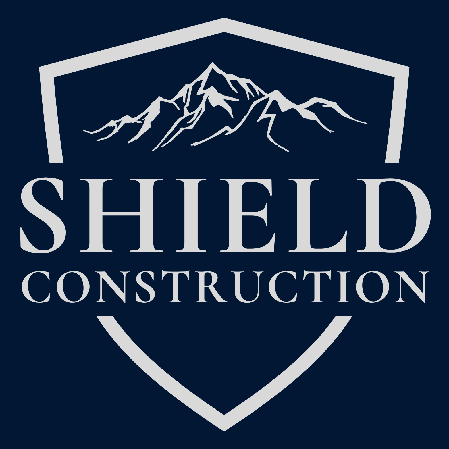 Shield Construction logo: white shield, mountains, and text on navy blue background.