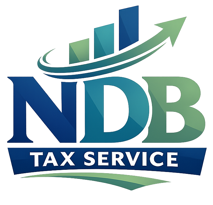 Logo for NDB Tax Service featuring a blue-to-green upward-trending bar graph icon above the bold letters "NDB".