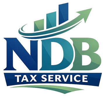 Logo for NDB Tax Service featuring a blue-to-green upward-trending bar graph icon above the bold letters "NDB".