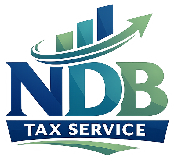 Logo for NDB Tax Service featuring a blue-to-green upward-trending bar graph icon above the bold letters "NDB".