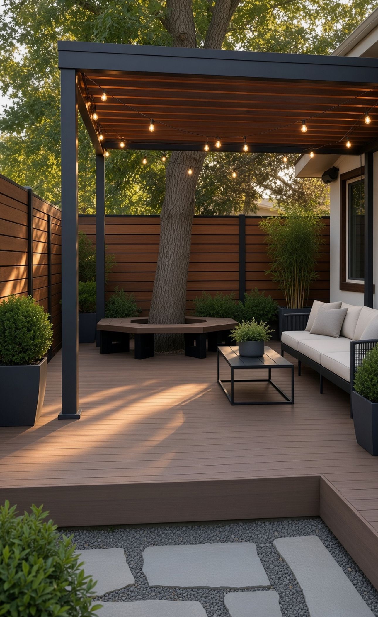Modern backyard patio with covered seating, string lights, wood decking, and potted plants