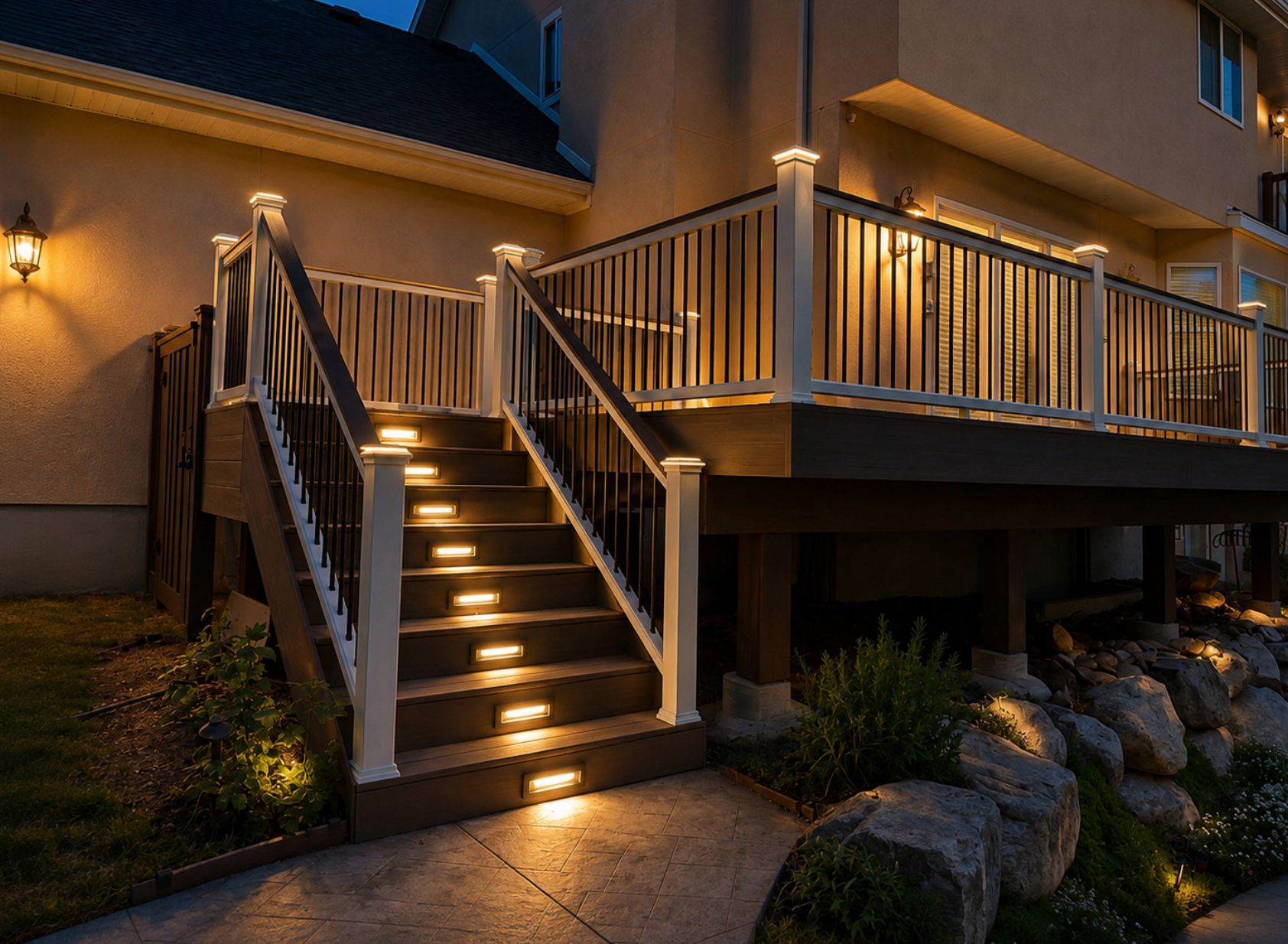 Outdoor staircase with lit steps and railing beside a house deck at dusk